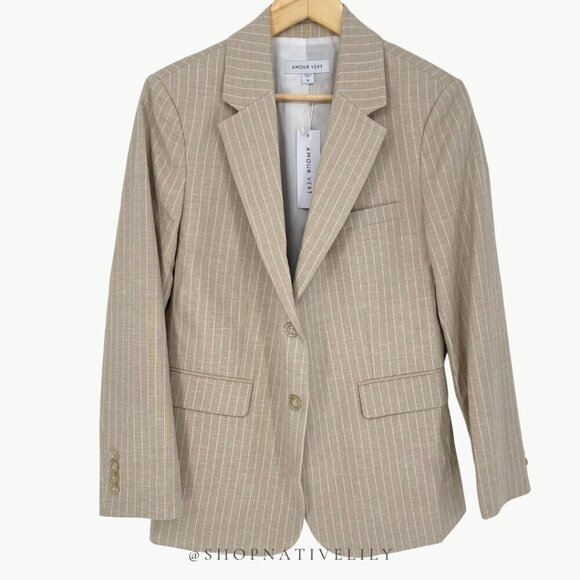 NWT Amour Vert Women’s Slim Tobie Blazer  | Sz Medium | Natural (Tan) Striped - Picture 2 of 14